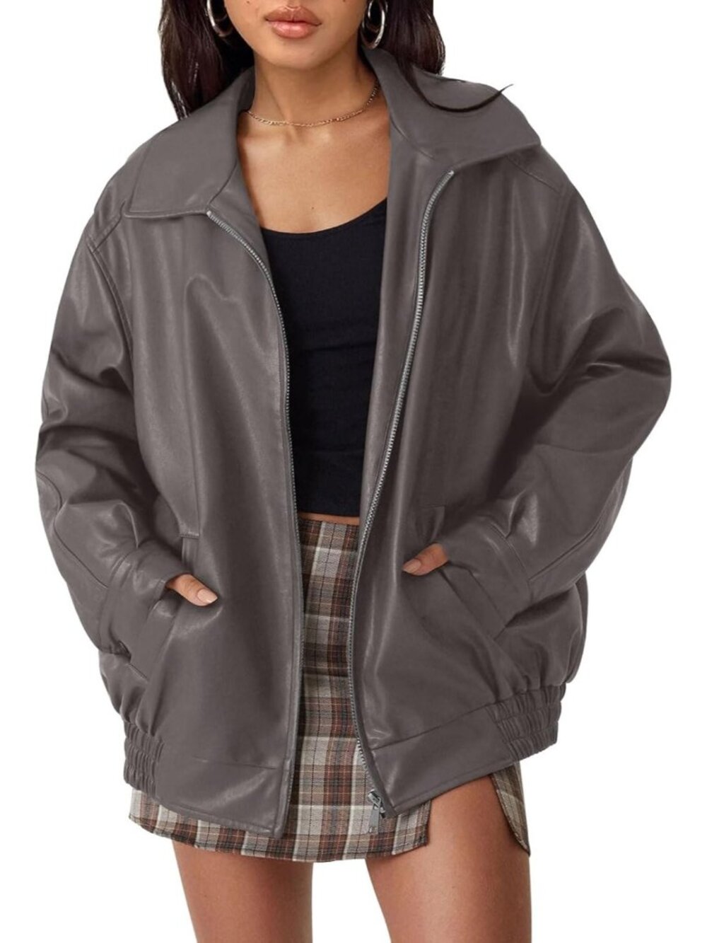 Women’s Grey green Oversized Faux Leather Suede Moto Winter Biker Jacket